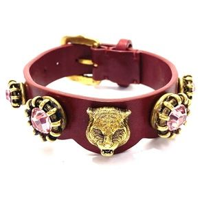 Gucci Bangle Bracelet Cat Head Bijou Accessory Leather Red